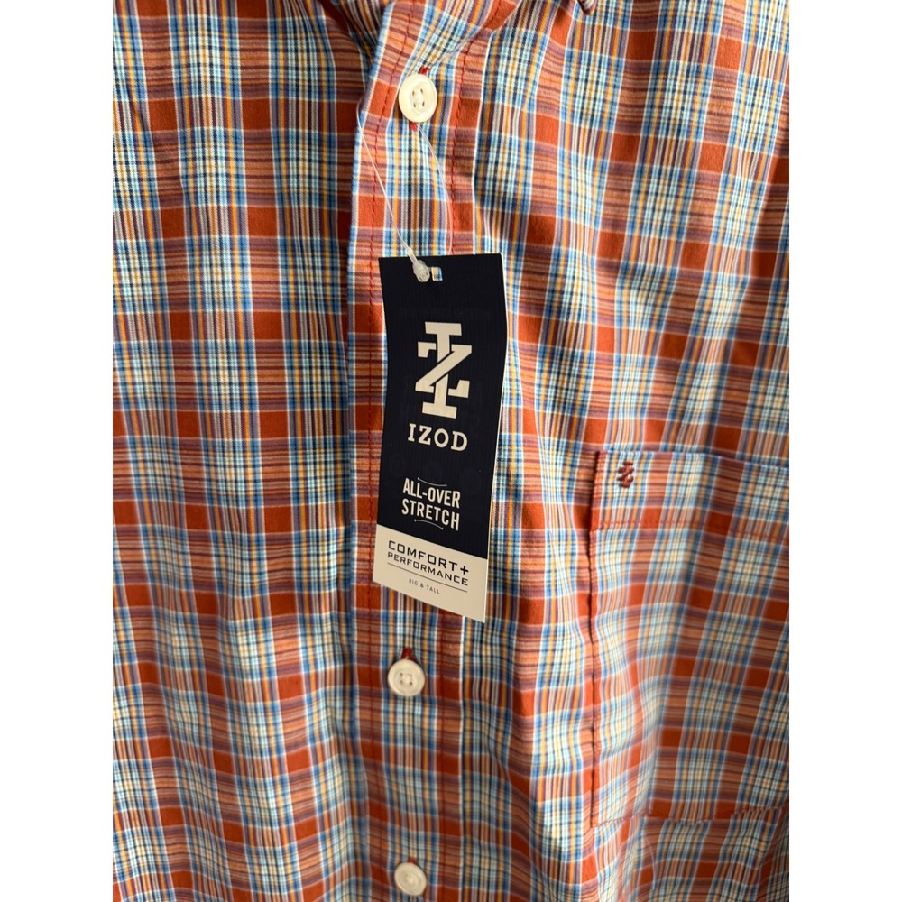 IZOD Mens Big and Tall 4XB Plaid Stretch Long Sleeve Button Down Shirt Orange - Picture 2 of 5